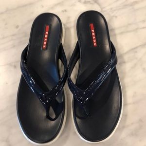 Prada, navy flip flops with patten straps, size 9